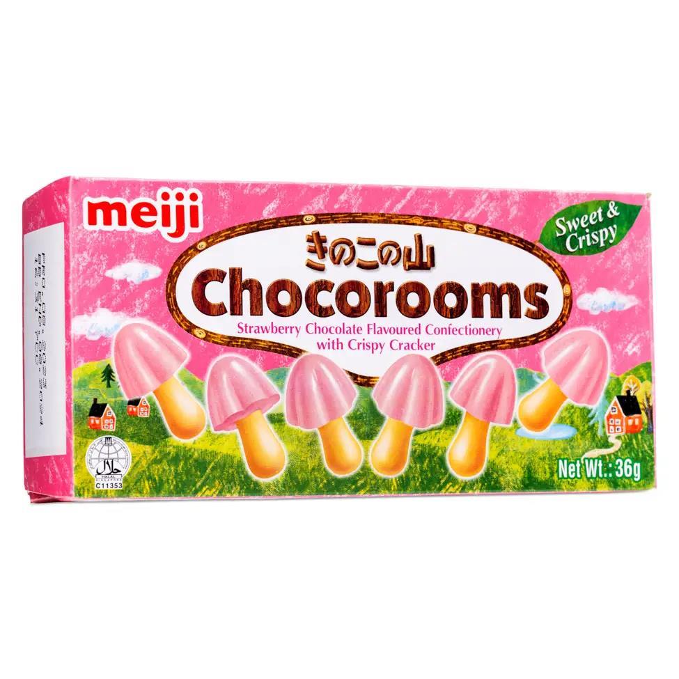 (Case) Meiji Chocorooms Strawberry Chocolate Flavour Confectionery with Crisp Cracker 36g*10*8