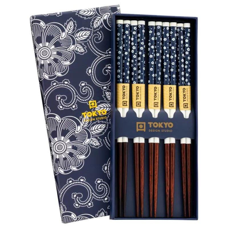 (Case) Tokyo Design Studio Wooden Chopsticks 5 Pairs Set (Blue & White Sakura) *10