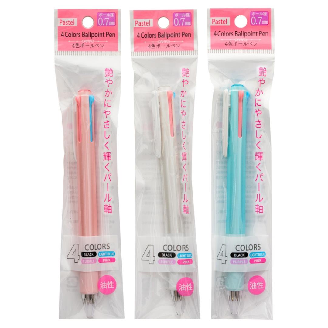 (Case) 4 Colours Ballpoint Pen Pastel 0.7mm (Black, Light Blue, Purple, Pink Ink) 4色油性原子筆 0.7mm (黑, 粉藍, 紫, 粉紅芯) *12