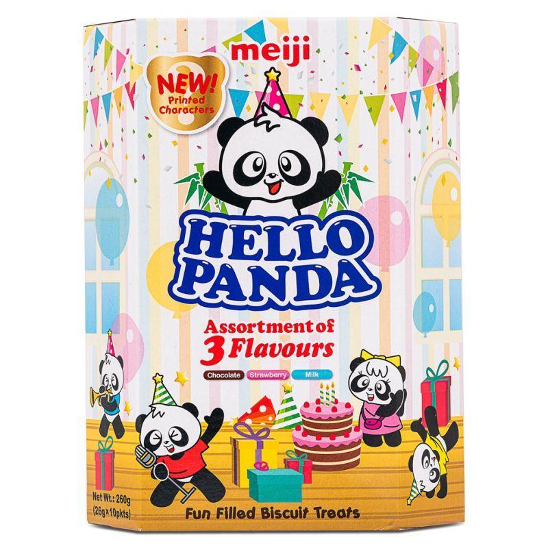 (Case) Meiji Hello Panda Biscuits with Assortment of 3 Flavours Filling 明治 熊貓夾心餅 (朱古力, 草莓, 牛奶味) 260g (10*26g)*8