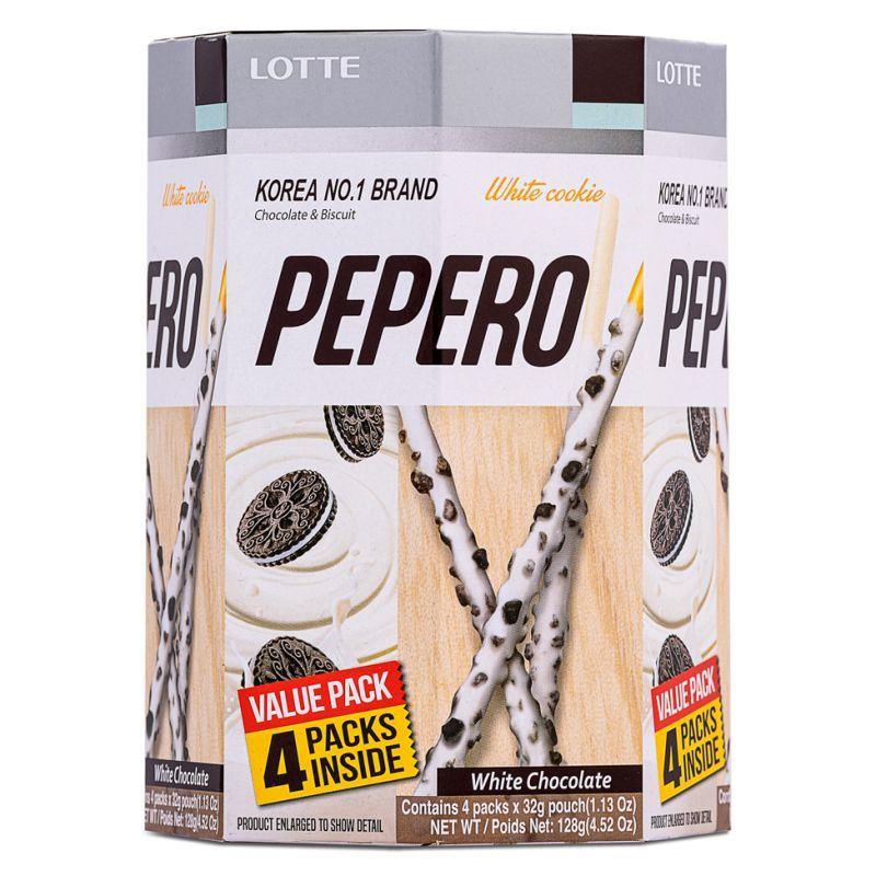 (Case) Lotte Pepero Biscuits Sticks Coated with White Chocolate Flavour Cream & Crushed Cookies (White Cookie) Multipack 128g (4*32g)*9