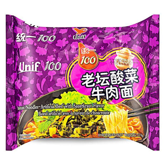 (Case) Unif 100 Instant Noodles (Artificial Beef With Sauekraut Flavour) 統一100 老壇酸菜牛肉麵 119g*24
