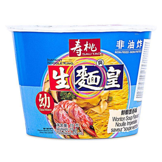 (Case) Sau Tao Instant Noodle King Thin Noodle Bowl (Wonton Soup Flavour) 壽桃牌 生麵王碗麵 (鮮蝦雲吞味) 75g*12